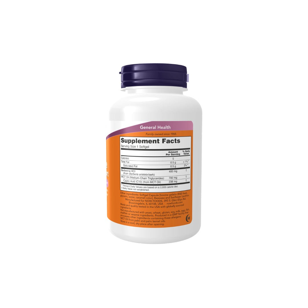 A white plastic supplement bottle with a red and orange label, featuring nutritional information and Now Foods Berberine Glucose Support 90 Softgels on the side.