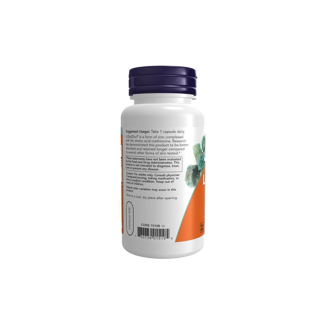 A bottle of dietary supplements with a white label and a dark blue cap. The label includes suggested usage instructions, ingredients, and safety warnings. This Now Foods L-OptiZinc 30 mg zinc supplement, featuring L-OptiZinc for immune system support, is designed to keep you feeling your best in 100 veg capsules.