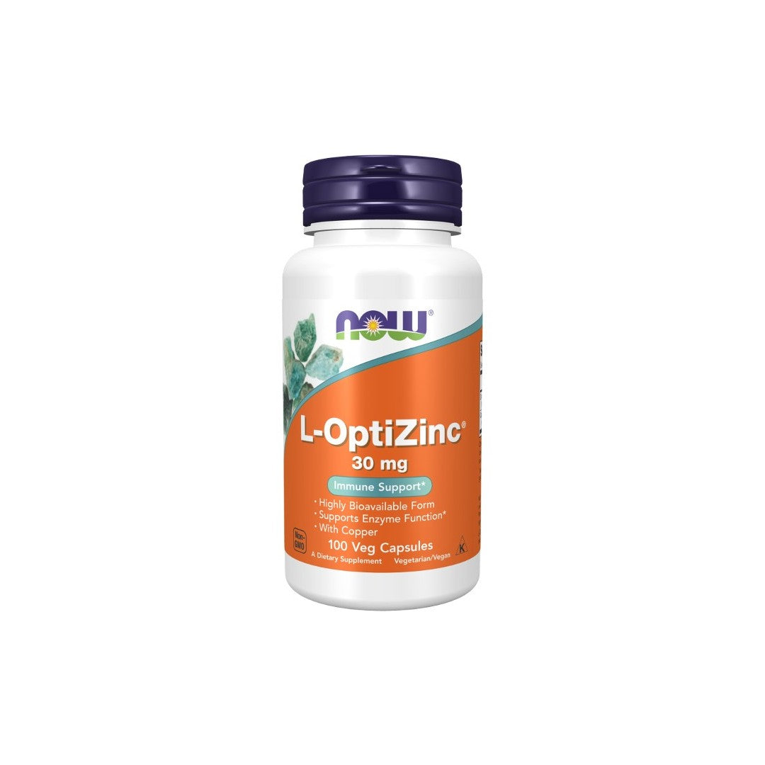 A bottle of Now Foods L-OptiZinc 30 mg 100 Veg Capsules, for immune system support and enzyme function.