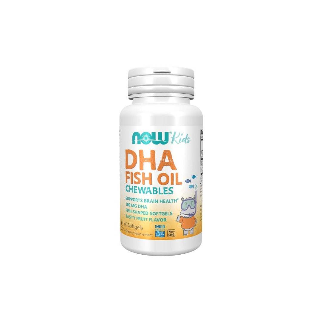 A bottle of Now Foods DHA 100 mg Kids Fish Oil 60 Chewable Softgels supplements, labeled for brain development support, with playful graphics and text.