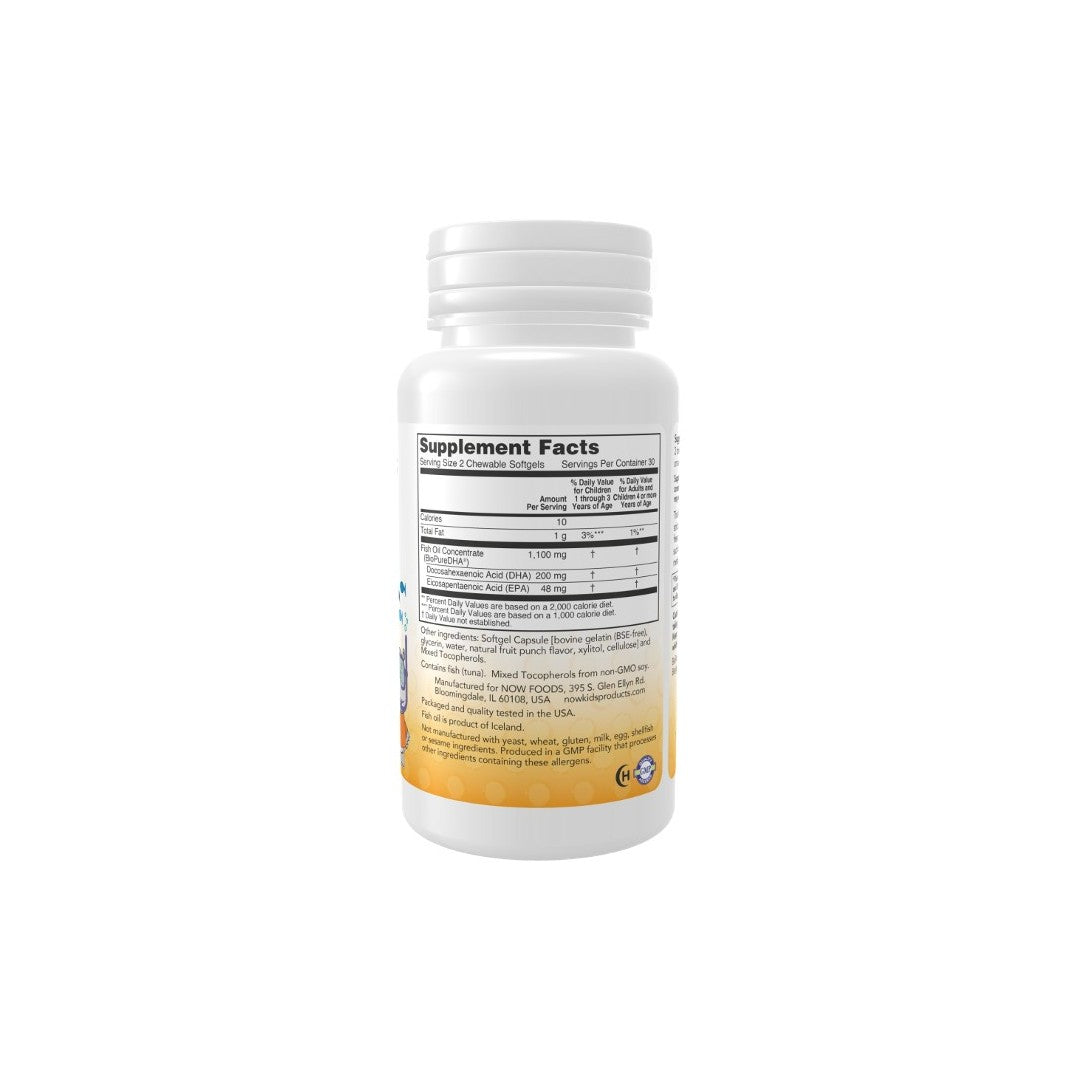 A Now Foods DHA 100 mg Kids Fish Oil supplement bottle displaying its nutritional facts label, including DHA 100 mg for brain development, on a white background.