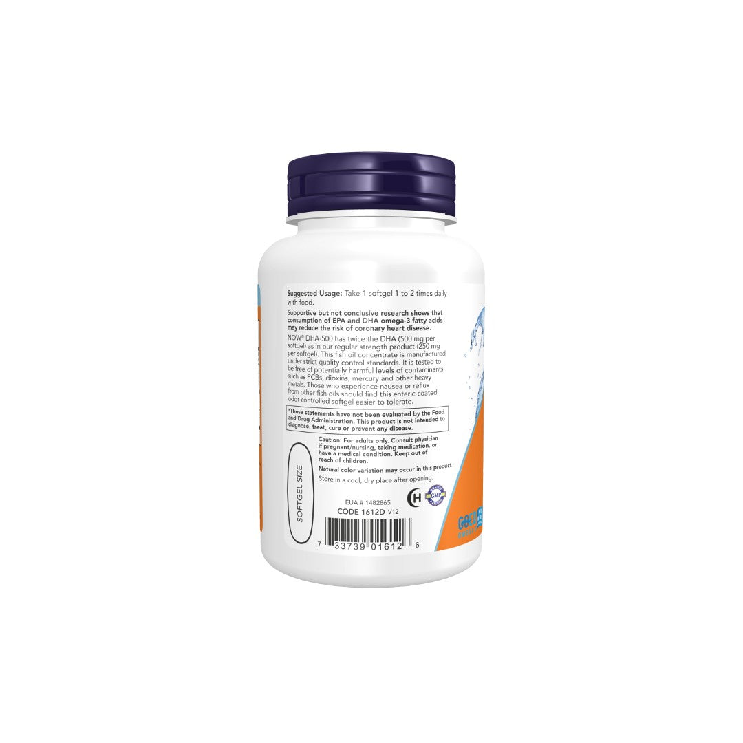 White supplement bottle labeled "Now Foods DHA-500 Fish Oil Double Strength 180 Softgels" with usage directions and nutritional information on a white background.