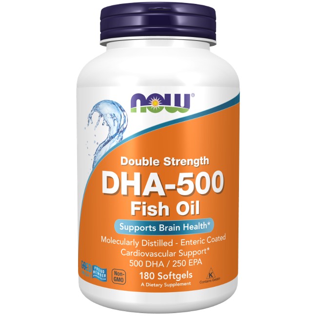 A bottle of Now Foods DHA-500 Fish Oil, Double Strength 180 Softgels supplements, labeled for cardiovascular and brain function support.
