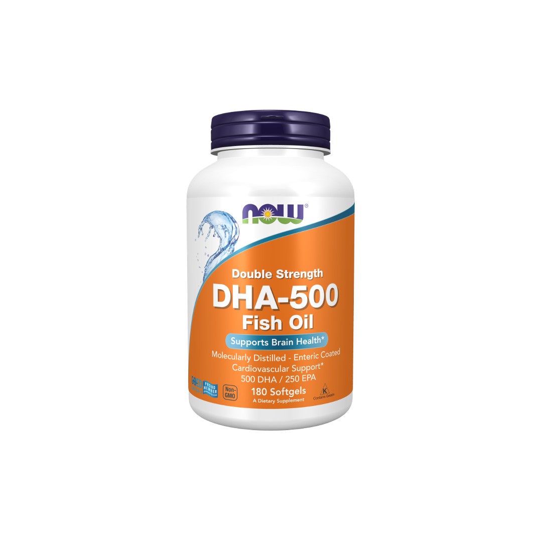 A bottle of Now Foods DHA-500 Fish Oil supplement, labeled as double strength for brain health, containing 180 softgels.