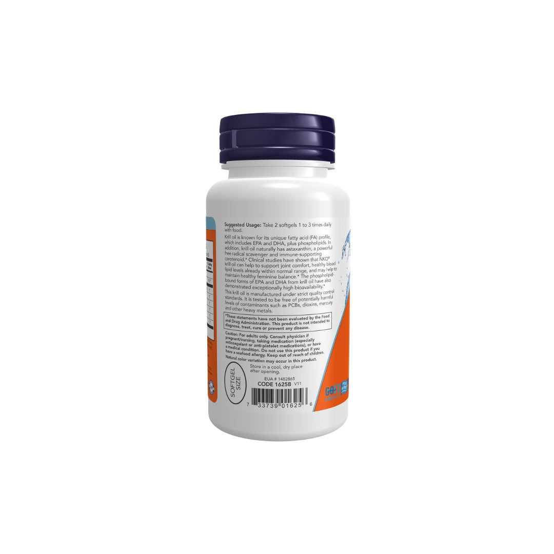 White supplement bottle with a purple cap, containing Krill Oil Pure NKO 500 mg 60 softgels, displaying a detailed label with usage instructions and nutritional information on a plain background. (Now Foods)