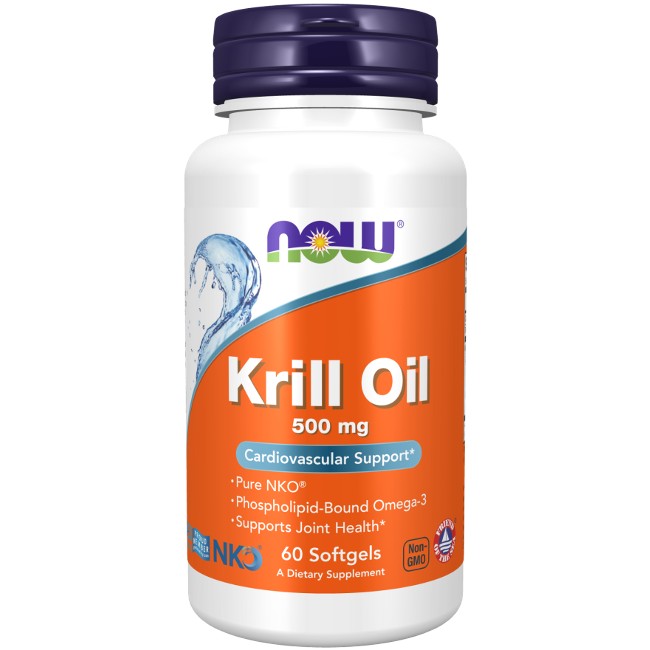 Bottle of Now Foods Krill Oil Pure NKO 500 mg dietary supplement with 60 softgels, enriched with astaxanthin and labeled for cardiovascular and joint health support.