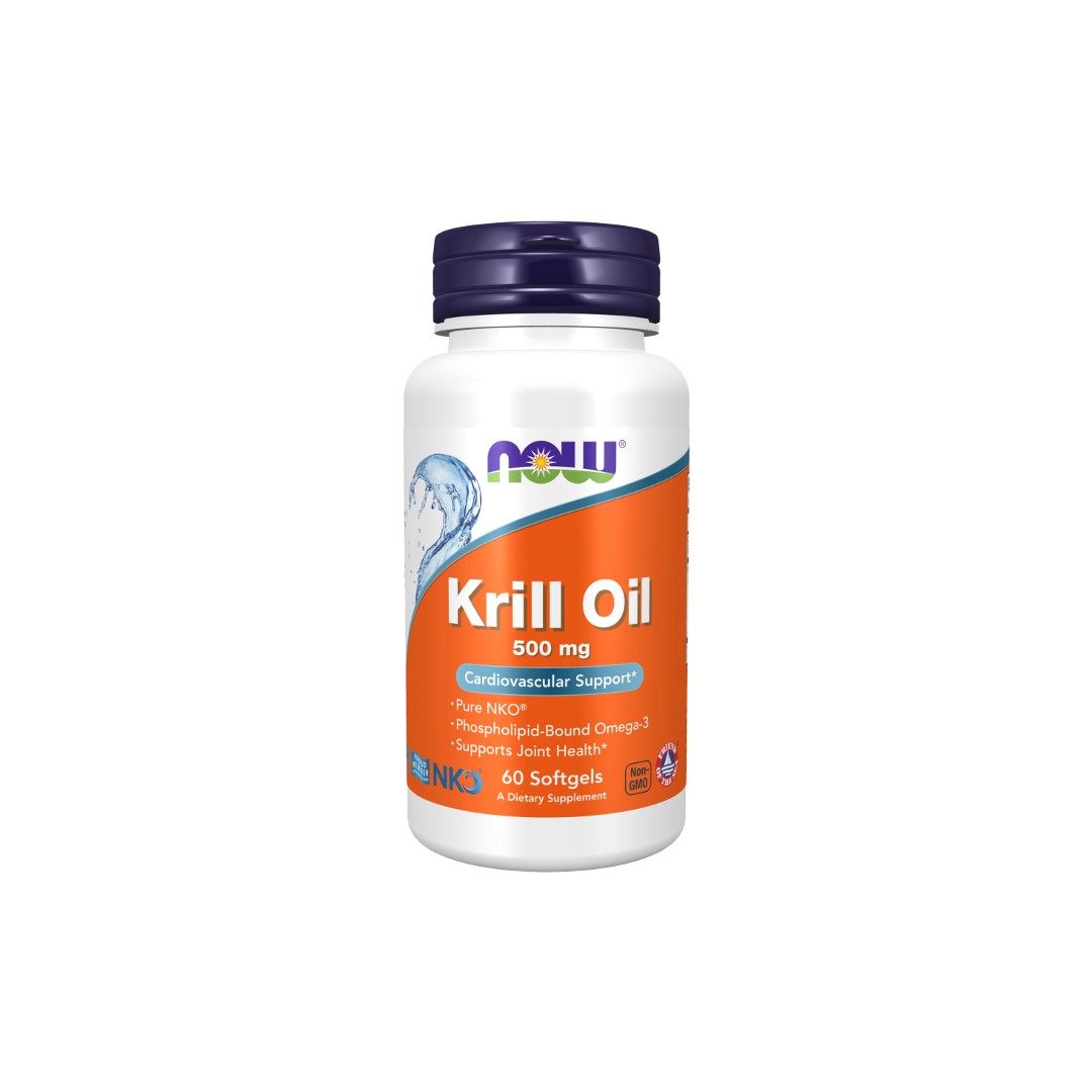 A bottle of Now Foods Krill Oil Pure NKO 500 mg supplement, enriched with astaxanthin, labeled for cardiovascular support with 60 softgels, isolated on a white background.