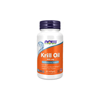 Thumbnail for A bottle of Now Foods Krill Oil Pure NKO 500 mg supplement, enriched with astaxanthin, labeled for cardiovascular support with 60 softgels, isolated on a white background.