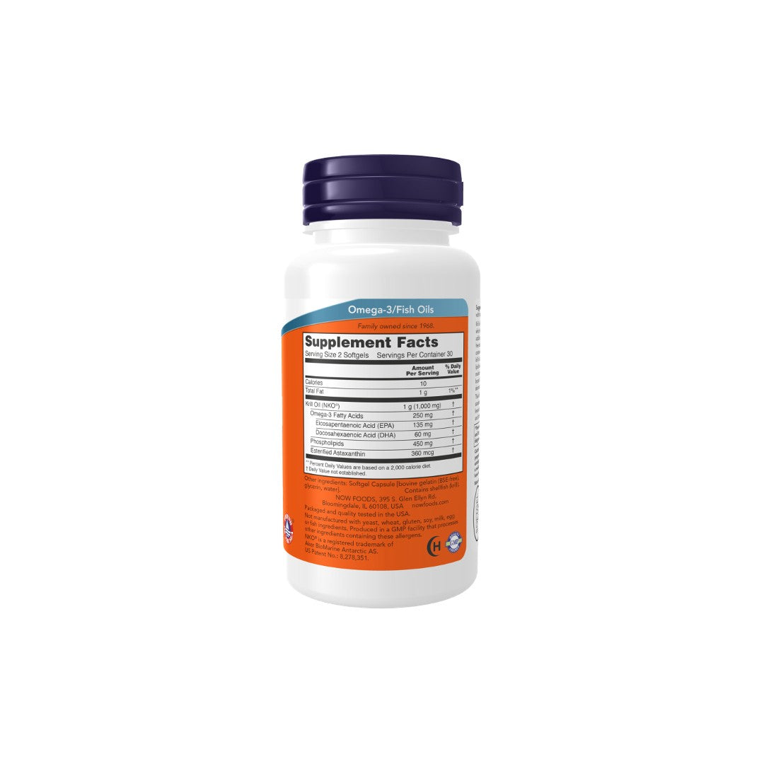 A bottle of Krill Oil Pure NKO 500 mg 60 Softgels with Astaxanthin and detailed supplement facts on the label, isolated on a white background, by Now Foods.