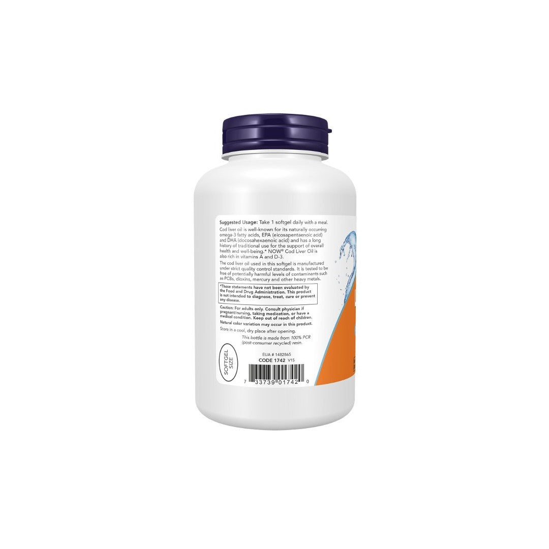 A white supplement bottle with a purple lid and an orange label displaying nutritional information and a barcode for Cod Liver Oil 650 mg 250 Softgels by Now Foods.