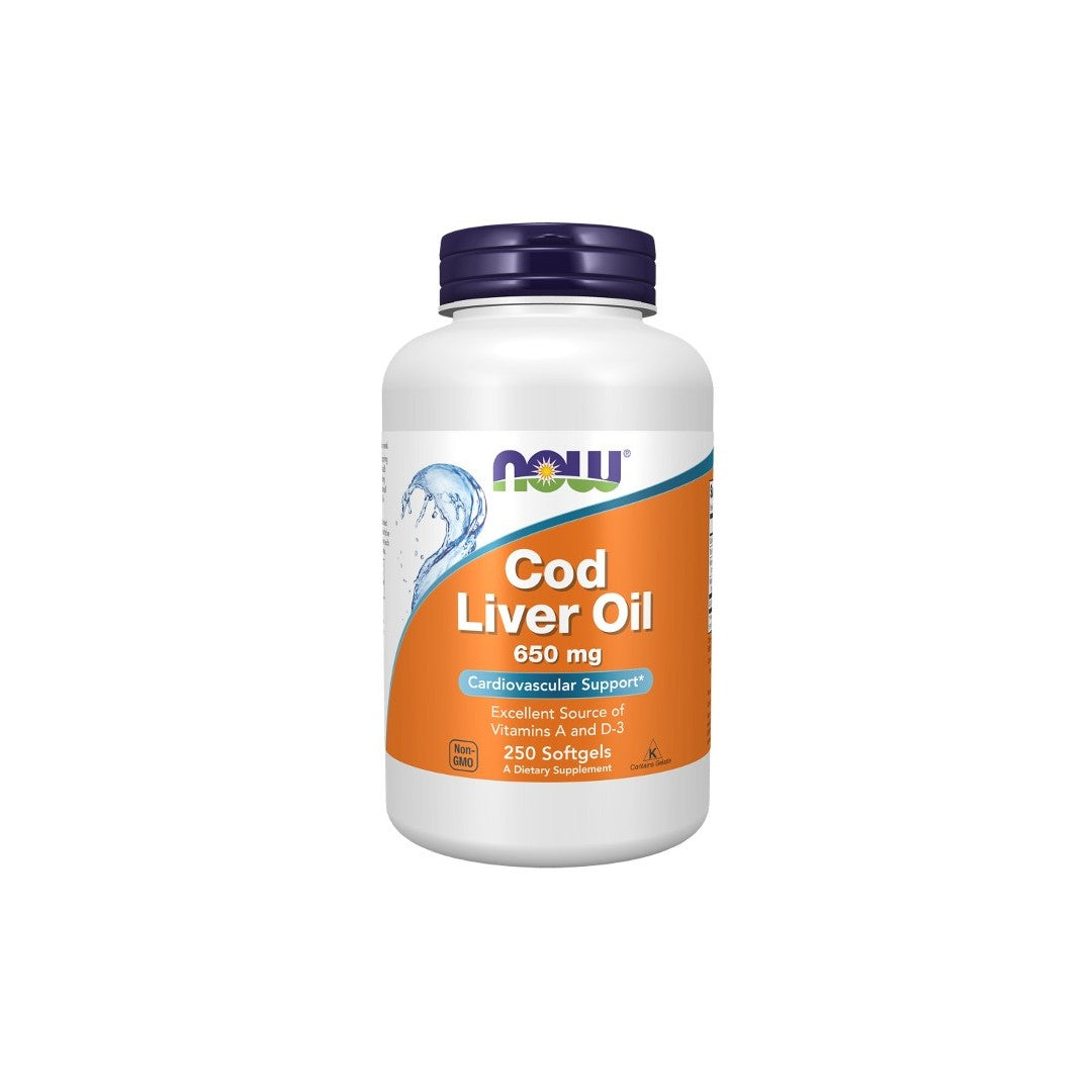 A bottle of Now Foods Cod Liver Oil 650 mg 250 Softgels, rich in Omega-3 fatty acids and including cardiovascular health-supporting vitamins A and D, contains 250 softgels.