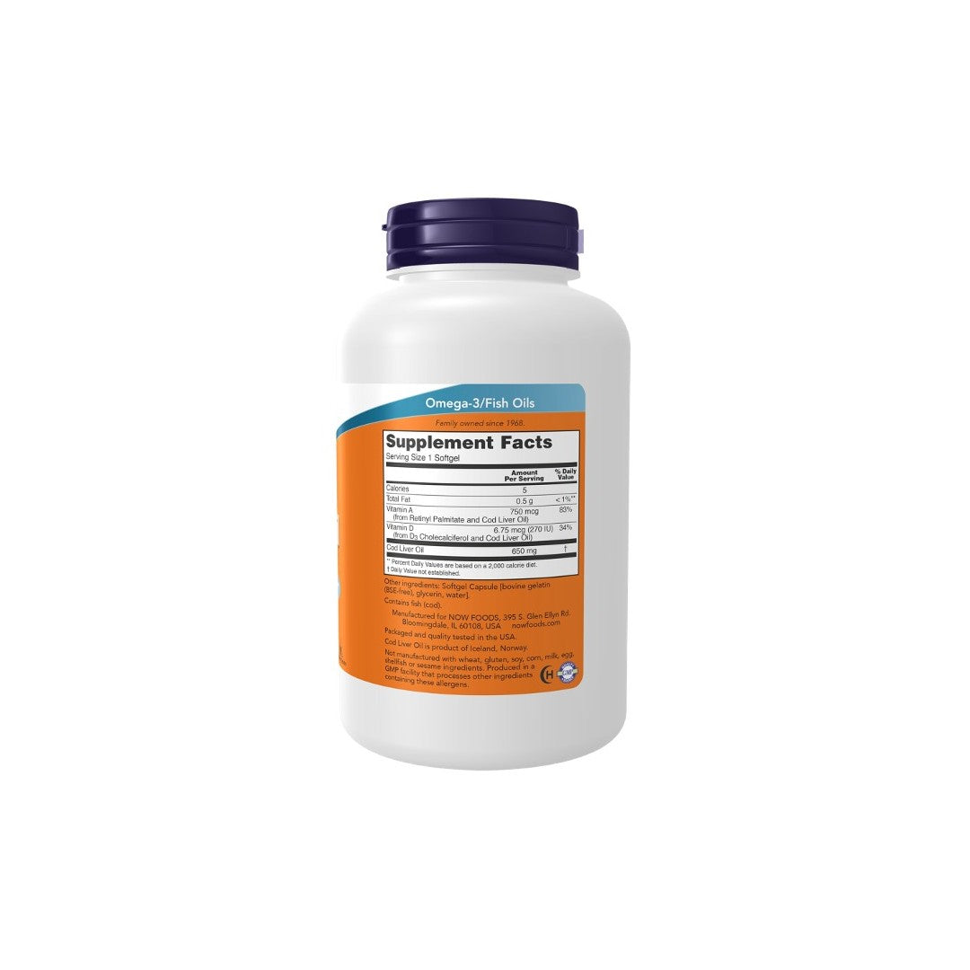 White container of Cod Liver Oil 650 mg 250 Softgels from Now Foods with a blue lid and an orange label detailing cardiovascular health supplement facts, isolated on a white background.