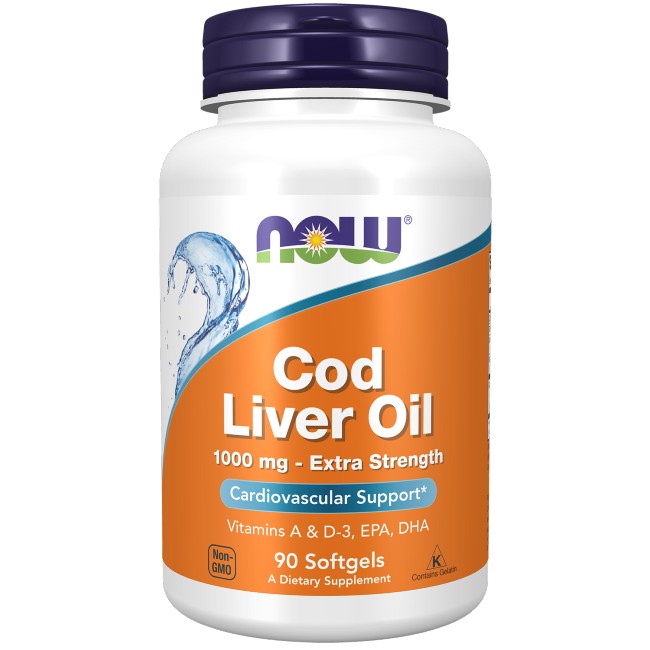 A bottle of Now Foods Cod Liver Oil 1000 mg softgels, labeled as extra strength for cardiovascular health, containing 90 softgels.