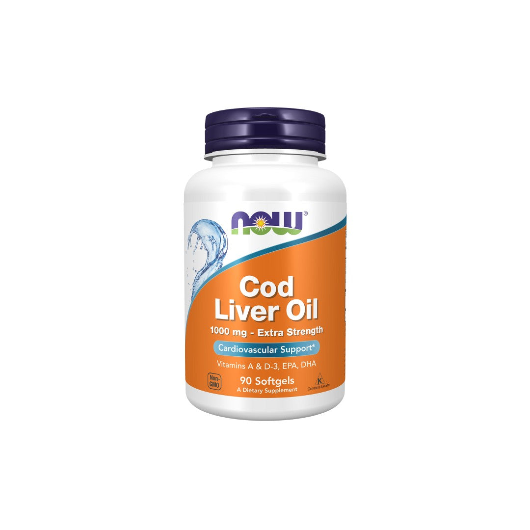 A bottle of Now Foods Cod Liver Oil 1000 mg 90 Softgels supplements, labeled for cardiovascular health with vitamins A, D-3, EPA, and DHA listed.