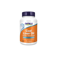 Thumbnail for A bottle of Now Foods Cod Liver Oil 1000 mg 90 Softgels supplements, labeled for cardiovascular health with vitamins A, D-3, EPA, and DHA listed.