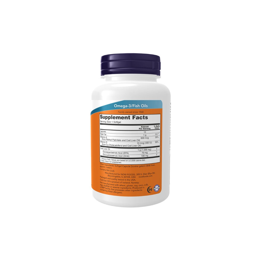 White plastic bottle of Now Foods Cod Liver Oil 1000 mg 90 Softgels with a label showing supplement facts, isolated on a white background.