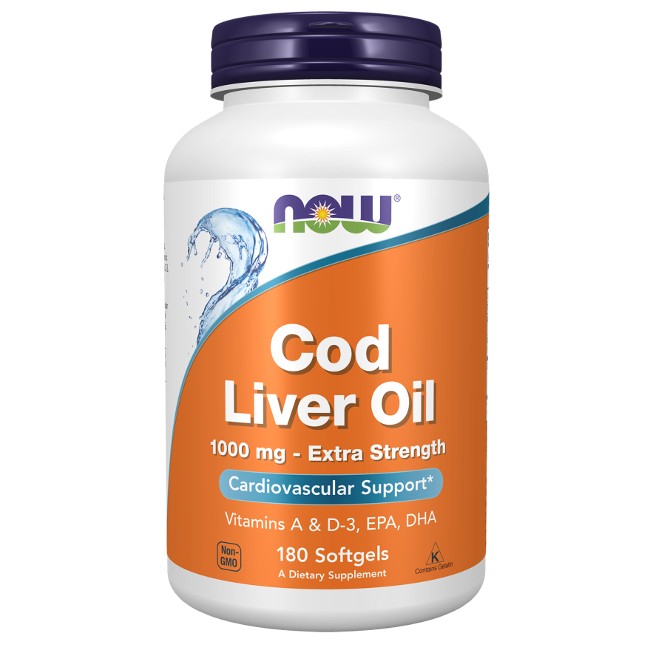 A bottle of Now Foods Cod Liver Oil, Extra Strength 1000 mg, 180 softgels, labeled for cardiovascular health and containing vitamins A & D-3, EPA, DHA.