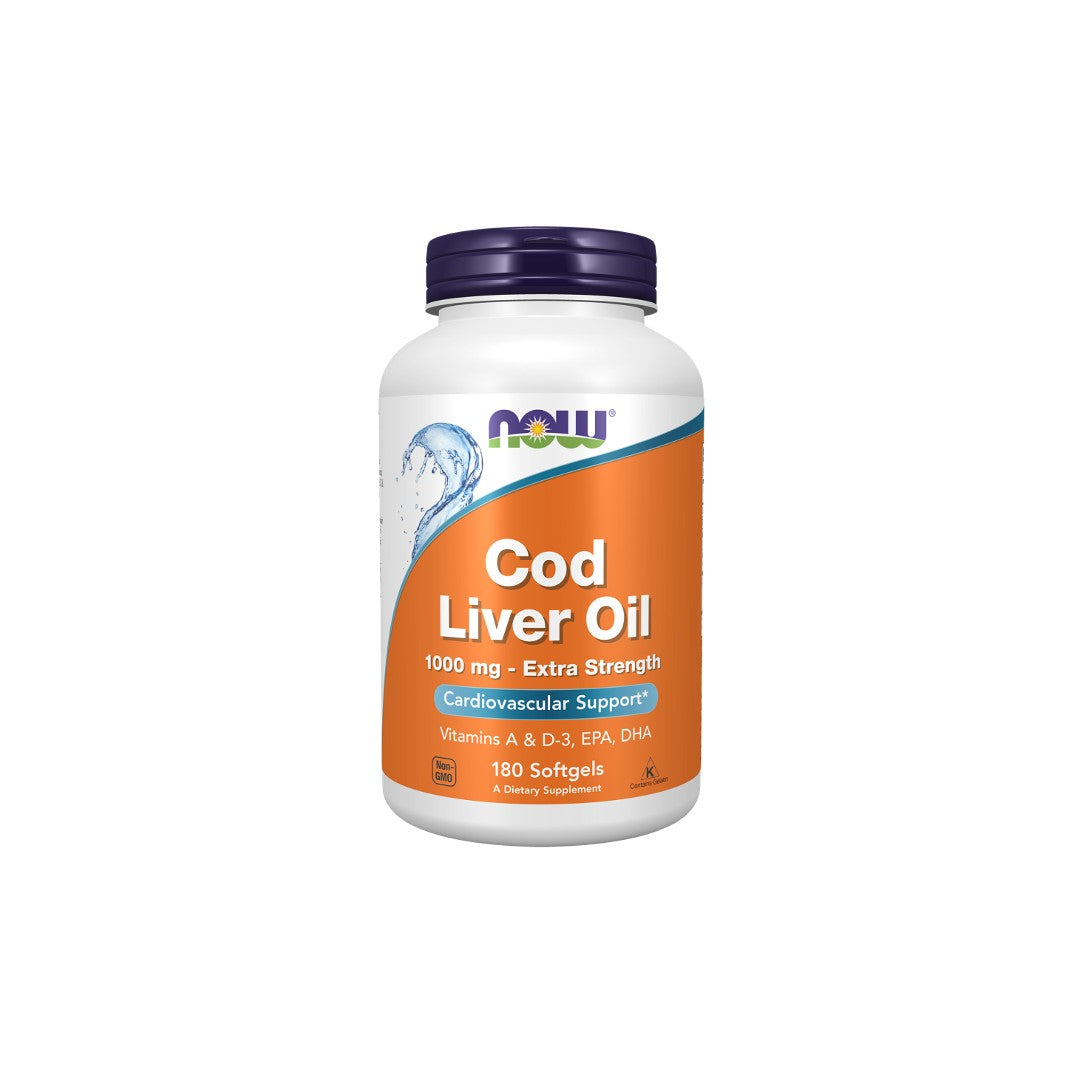 A bottle of Now Foods Cod Liver Oil supplements, containing 180 softgels rich in Omega-3 fatty acids, labeled for cardiovascular health and extra strength 1000 mg dosage.
