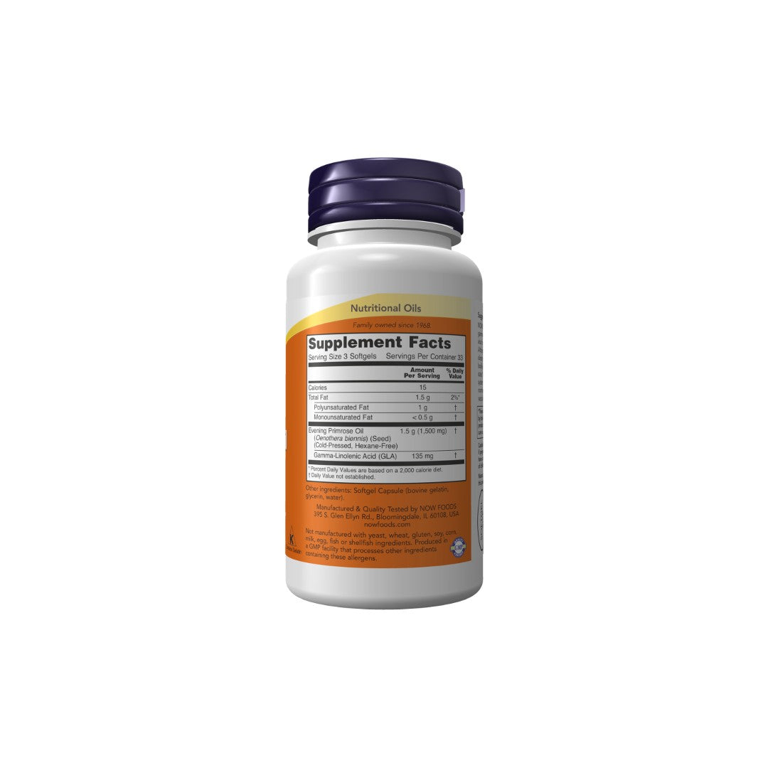 A bottle of Now Foods Evening Primrose Oil 500 mg 100 Softgels displaying a label with supplement facts, including ingredients and nutritional information for immune system support.