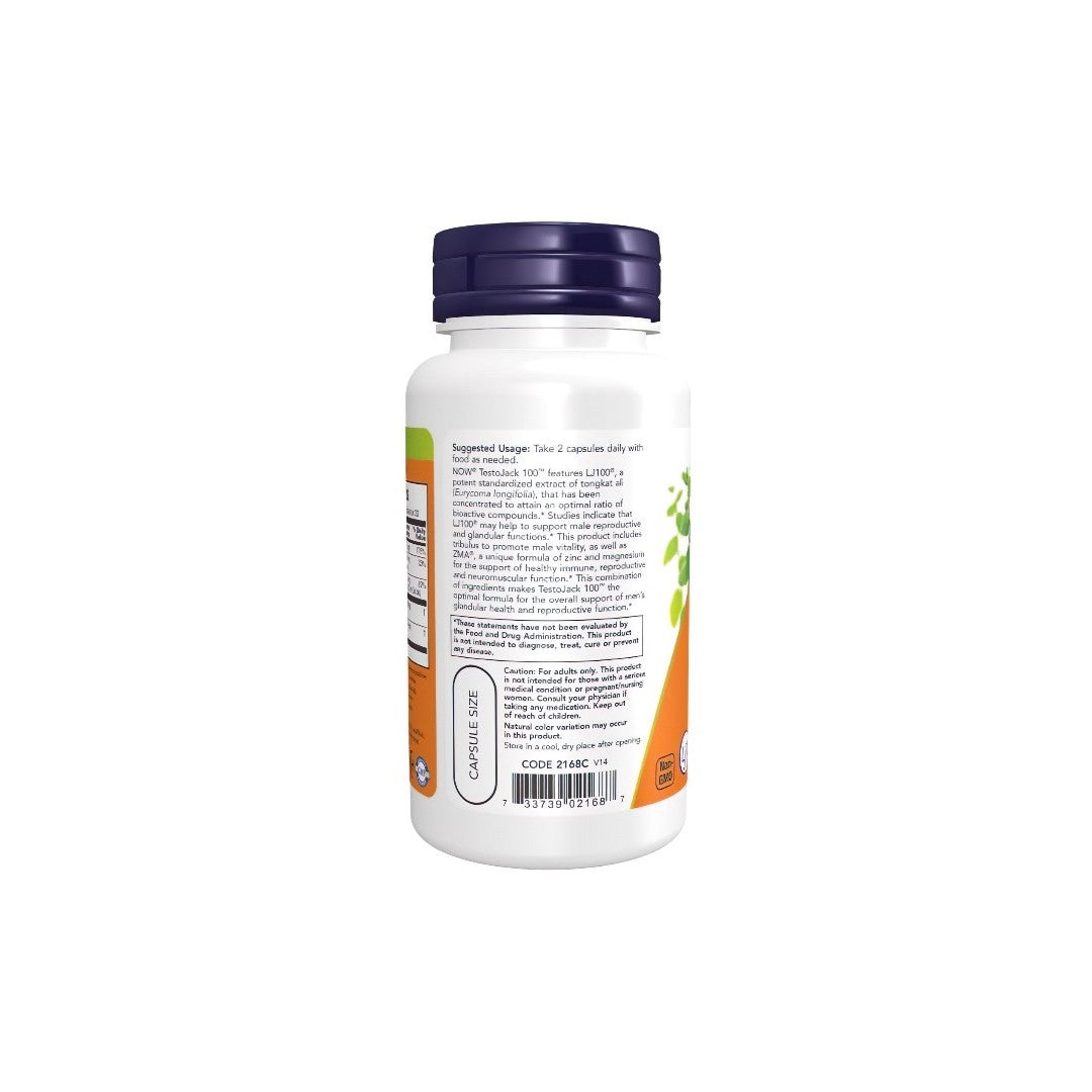 A container of Now Foods TestoJack 100™ 120 Veg Capsules dietary supplement with product information and usage instructions on the label, designed for improved libido and healthy testosterone levels.