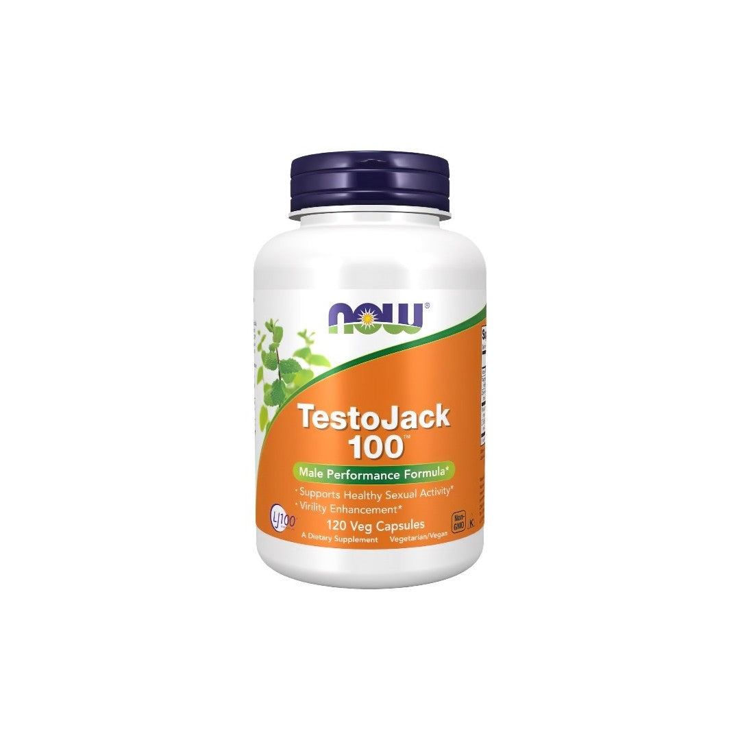 A bottle of Now Foods TestoJack 100™ 120 Veg Capsules male performance supplement for healthy testosterone levels and improved libido.