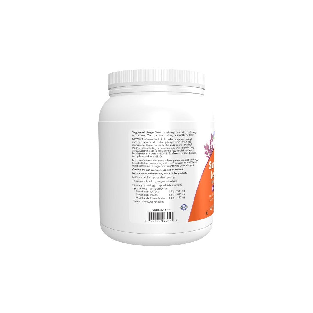 Now Foods Sunflower Lecithin Pure Powder 454 g supplement bottle with label showing usage directions and ingredients, isolated on a white background.