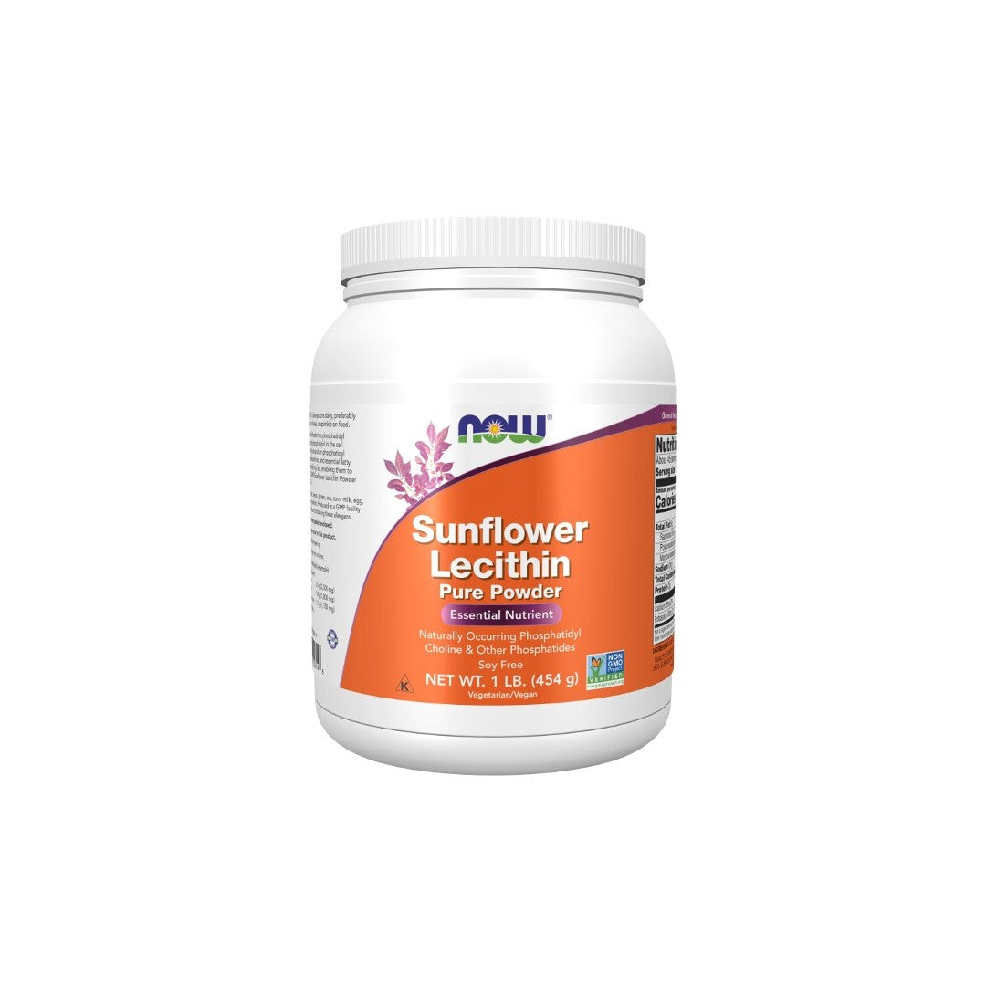 A container of Now Foods Sunflower Lecithin Pure Powder 454 g, labeled as a naturally occurring phosphatidylcholine and essential nutrient.