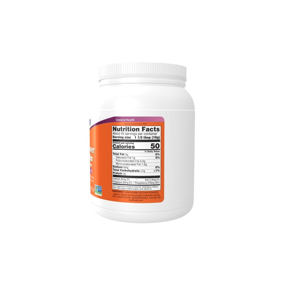 White supplement jar of Now Foods Sunflower Lecithin Pure Powder 454 g with an orange label displaying nutrition facts, including phosphatidylcholine content.