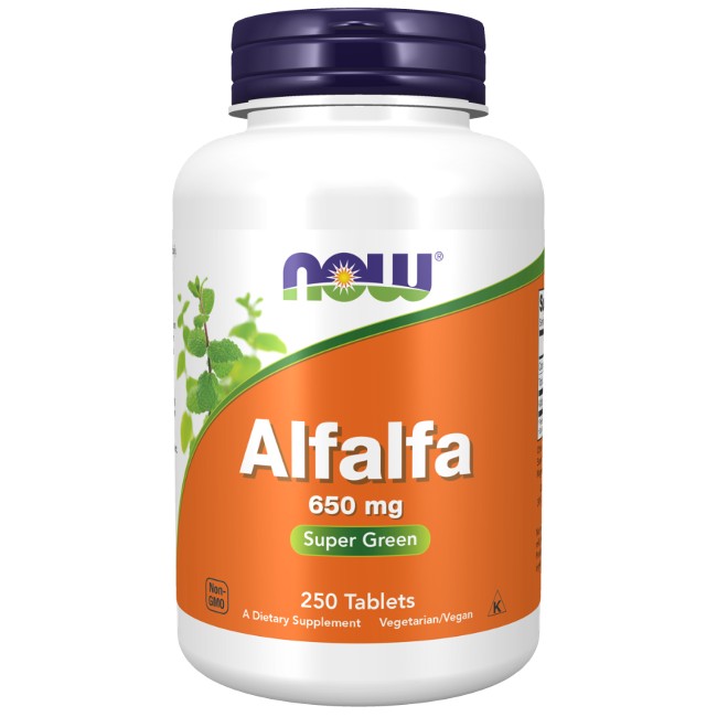 A bottle labeled "Alfalfa 650 mg 250 Tablets" from Now Foods contains 250 tablets. It is marketed as a dietary supplement rich in vitamins and minerals, suitable for vegetarians and vegans, Non-GMO, promoting overall wellness, and supporting heart health.