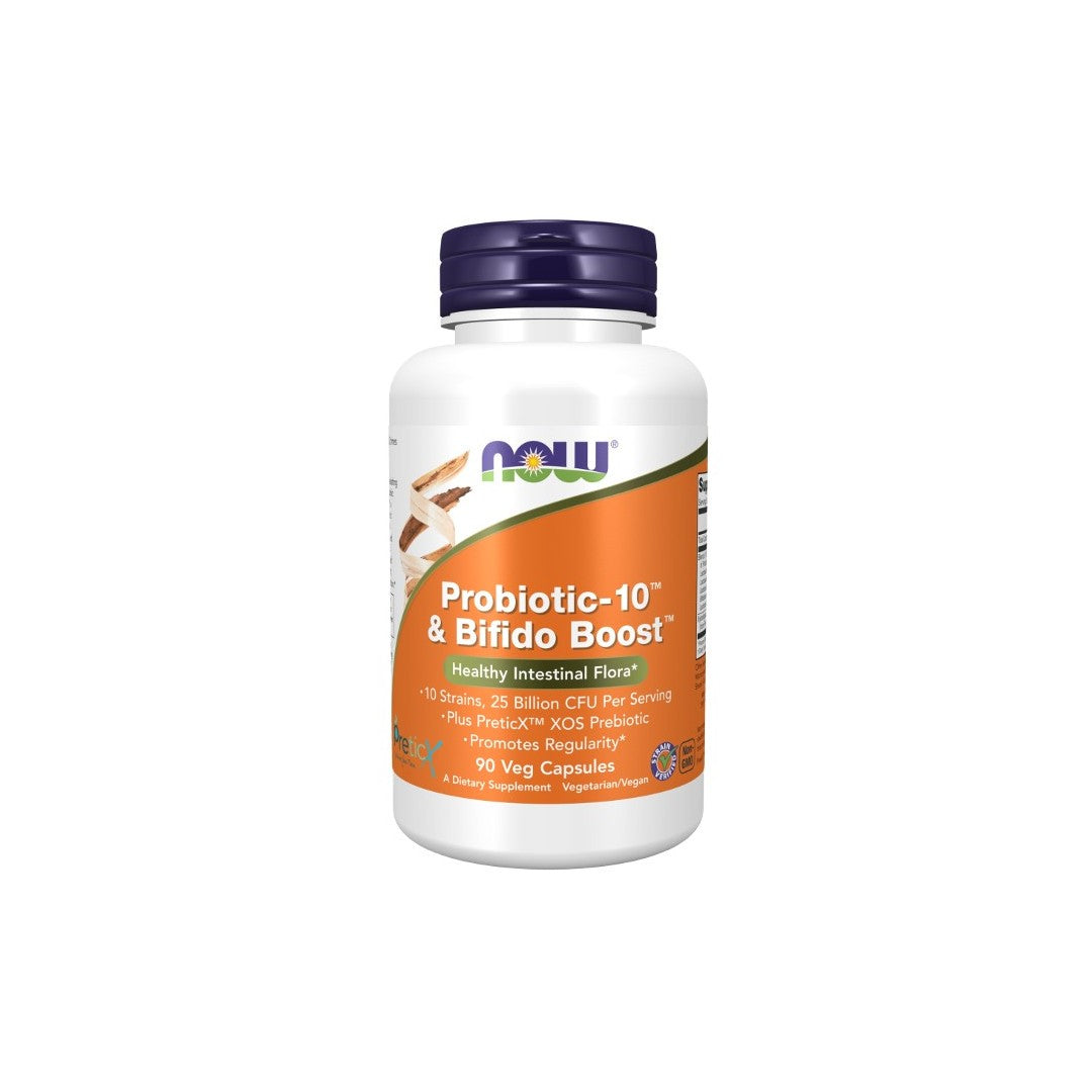 A white bottle of Now Foods Probiotic-10 & Bifido Boost 90 Veg Capsules, promoting healthy intestinal flora and regularity. The label highlights 10 strains, 25 billion CFU per serving, and Prebiotic PreticX for enhanced digestive support.