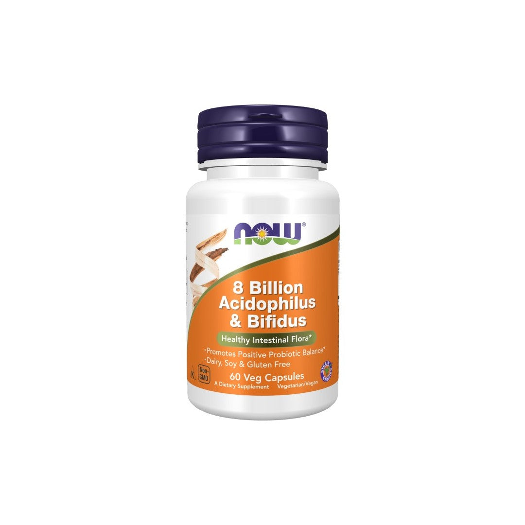 A bottle of Now Foods' 8 Billion Acidophilus & Bifidus 60 Veg Capsules, promoting immune support and healthy intestinal flora, dairy, soy, and gluten-free.