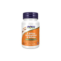 Thumbnail for A bottle of Now Foods' 8 Billion Acidophilus & Bifidus 60 Veg Capsules, promoting immune support and healthy intestinal flora, dairy, soy, and gluten-free.