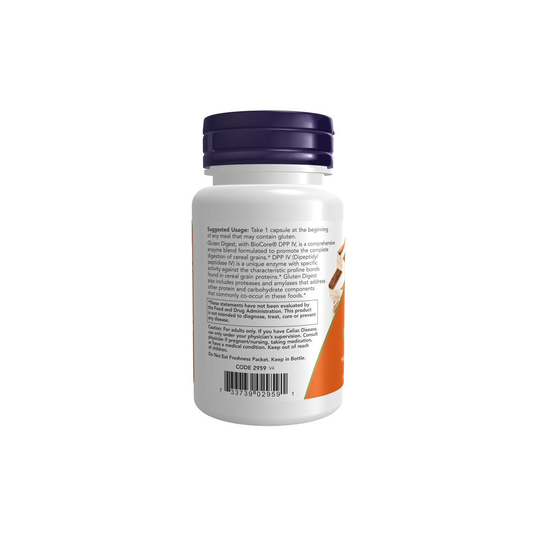 A white supplement bottle with a purple cap, displaying the label with dosage information and ingredients for Now Foods® Gluten Digest 60 Veg Capsules.