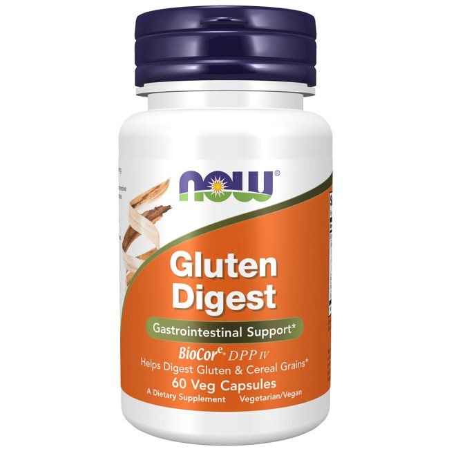 A bottle of Now Foods Gluten Digest 60 Veg Capsules with a label that reads it supports gastrointestinal health and helps digest gluten and cereal grains.