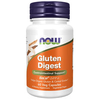 Thumbnail for A bottle of Now Foods Gluten Digest 60 Veg Capsules with a label that reads it supports gastrointestinal health and helps digest gluten and cereal grains.