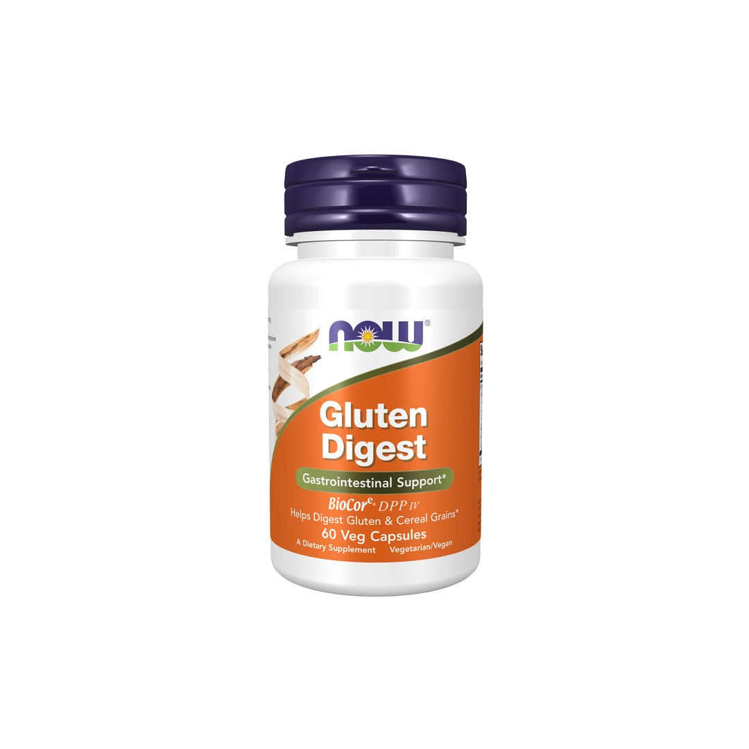 A bottle of "Gluten Digest 60 Veg Capsules" enzyme supplement from Now Foods, labeled to assist in digesting gluten and cereal grains.