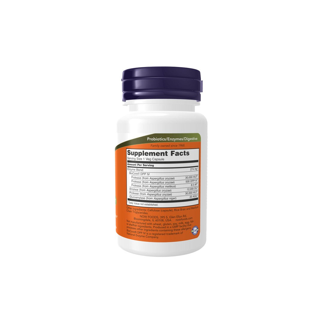 A white supplement bottle with an orange label showing nutritional information for Now Foods Gluten Digest 60 Veg Capsules, a gluten digest formula, and a blue lid, isolated on a white background.