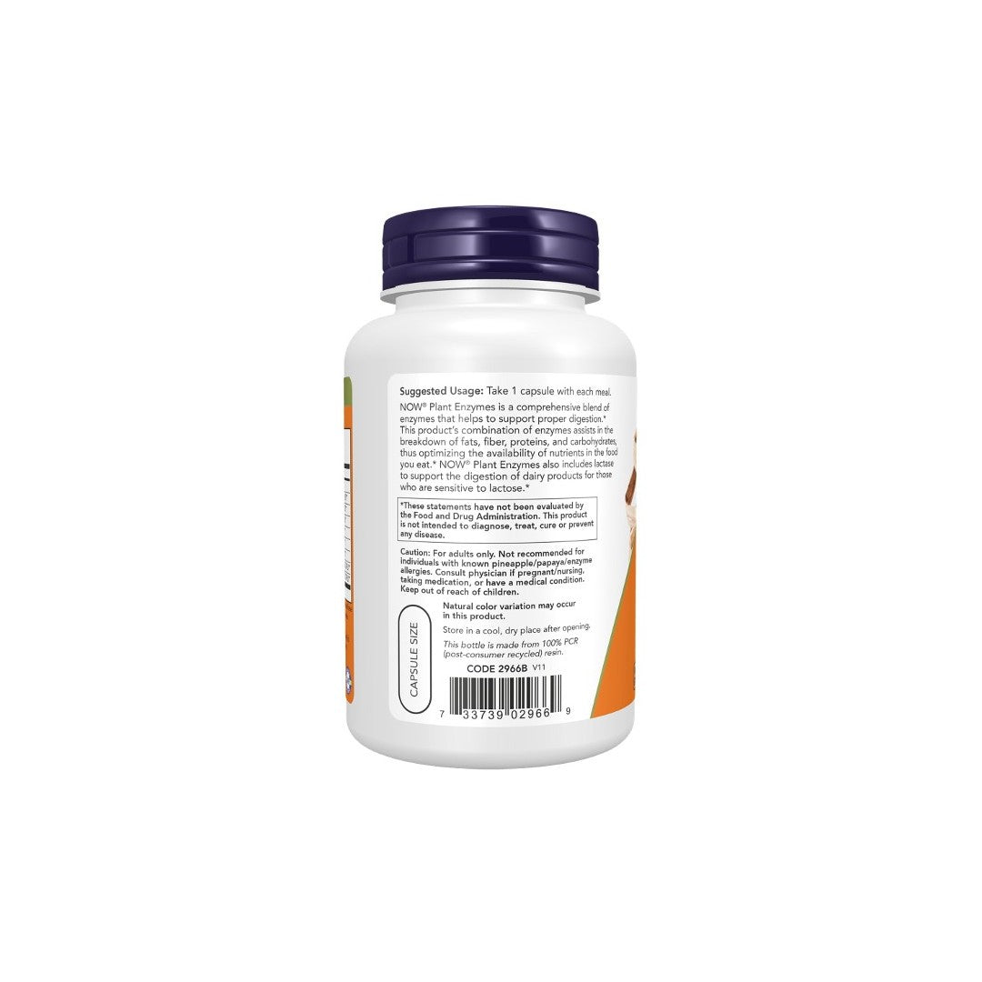 White supplement bottle labeled "Now Foods Plant Enzymes 120 Veg Capsules" for digestive support, detailing usage instructions and ingredients, isolated on a white background.