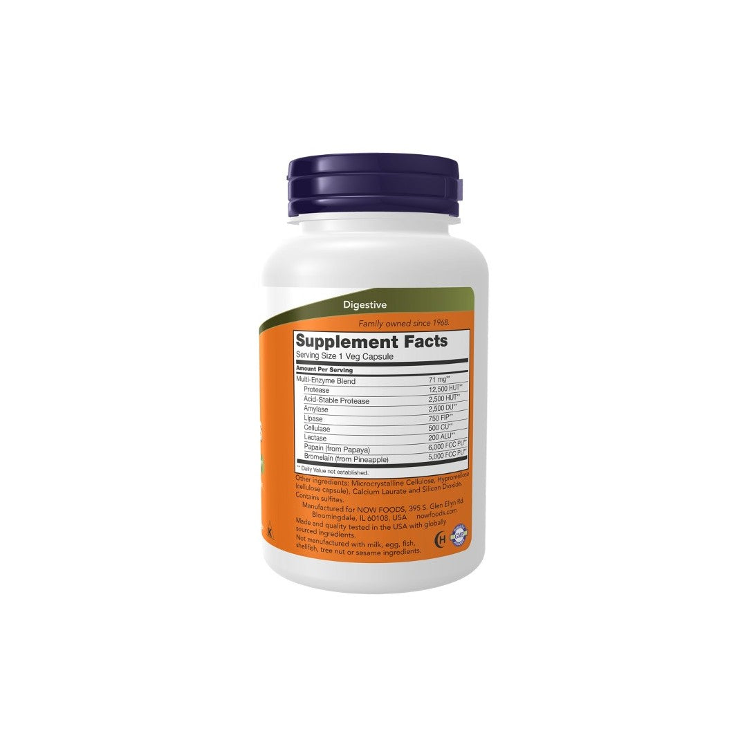 A white Plant Enzymes 120 Veg Capsules bottle from Now Foods with an orange and green label showing nutritional information on the back.