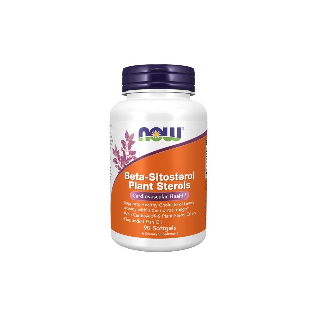 A bottle of Now Foods Beta-Sitosterol Plant Sterols 90 Softgels dietary supplement supports cardiovascular health and promotes healthy cholesterol levels.