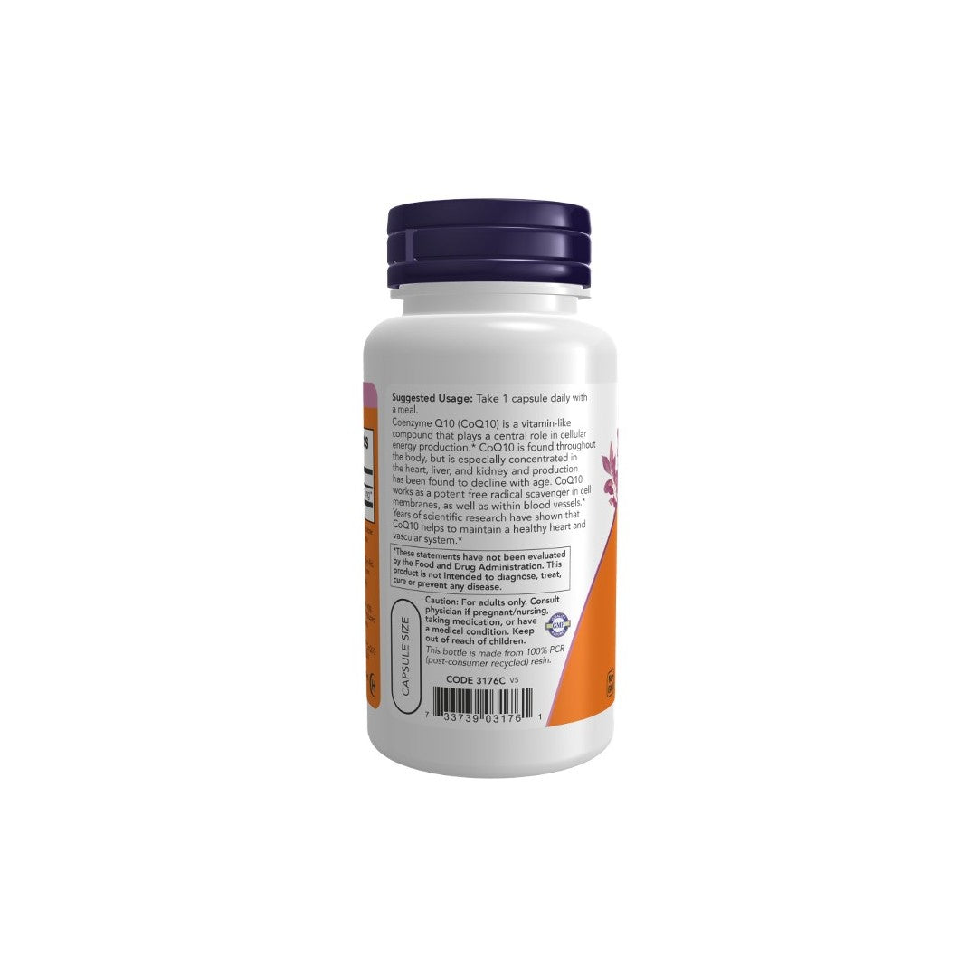 Back view of a white bottle of Coenzyme CoQ10 200 mg 60 Veg Capsules by Now Foods, featuring a purple cap. The label displays suggested usage instructions, heart health-promoting ingredients, and various certifications.