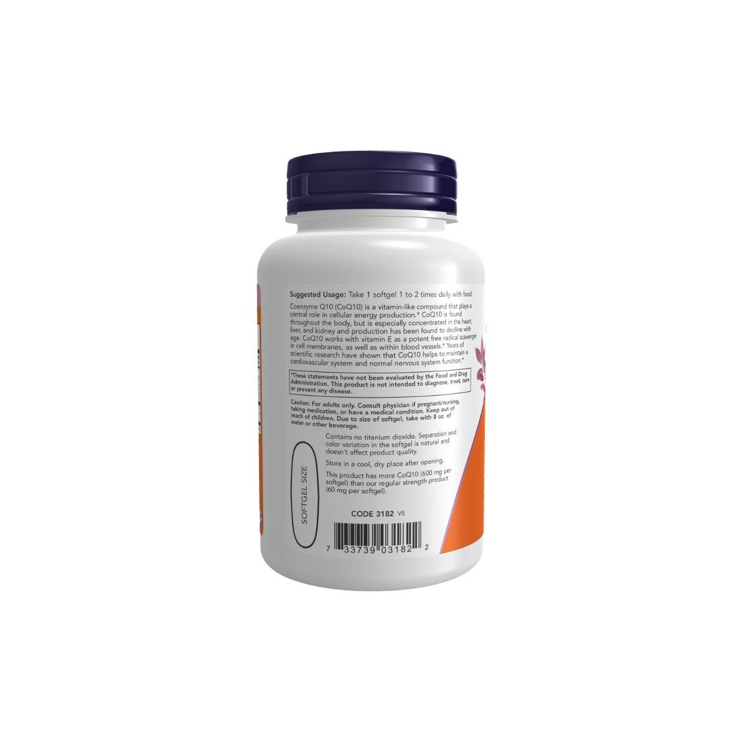 A white plastic supplement bottle from Now Foods, labeled "Coenzyme CoQ10 600 mg 60 Softgels," is capped with purple and displays the back label. The text includes suggested usage instructions, detailed ingredient information highlighting CoQ10 for cardiac health, and a barcode at the bottom.