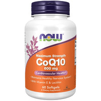 Thumbnail for A bottle of Now Foods Coenzyme CoQ10 supplement, offering 600 mg per softgel with added Vitamin E and Lecithin for cardiac health, comes with 60 softgels to provide powerful antioxidant support.