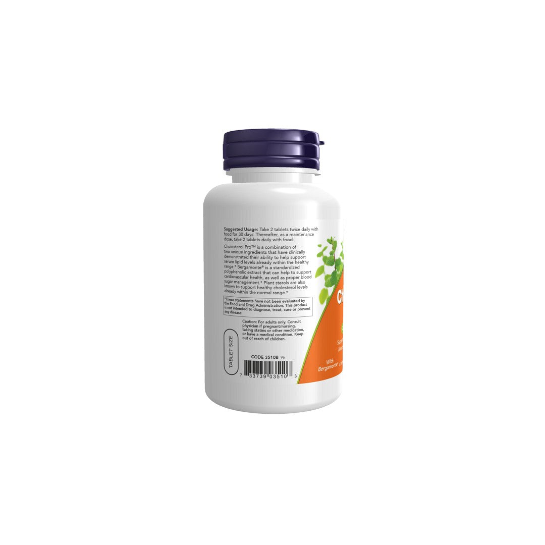 A plastic bottle with a purple lid displaying a "Now Foods Cholesterol Pro" nutritional supplement label, isolated on a white background.