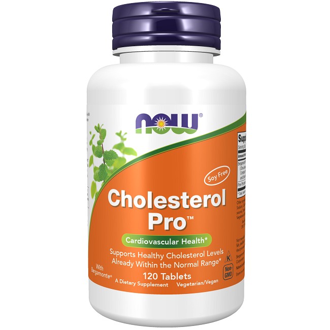 A bottle of Now Foods Cholesterol Pro 120 Tablets with antioxidant properties, labeled as supporting heart health, with 120 vegetarian tablets.