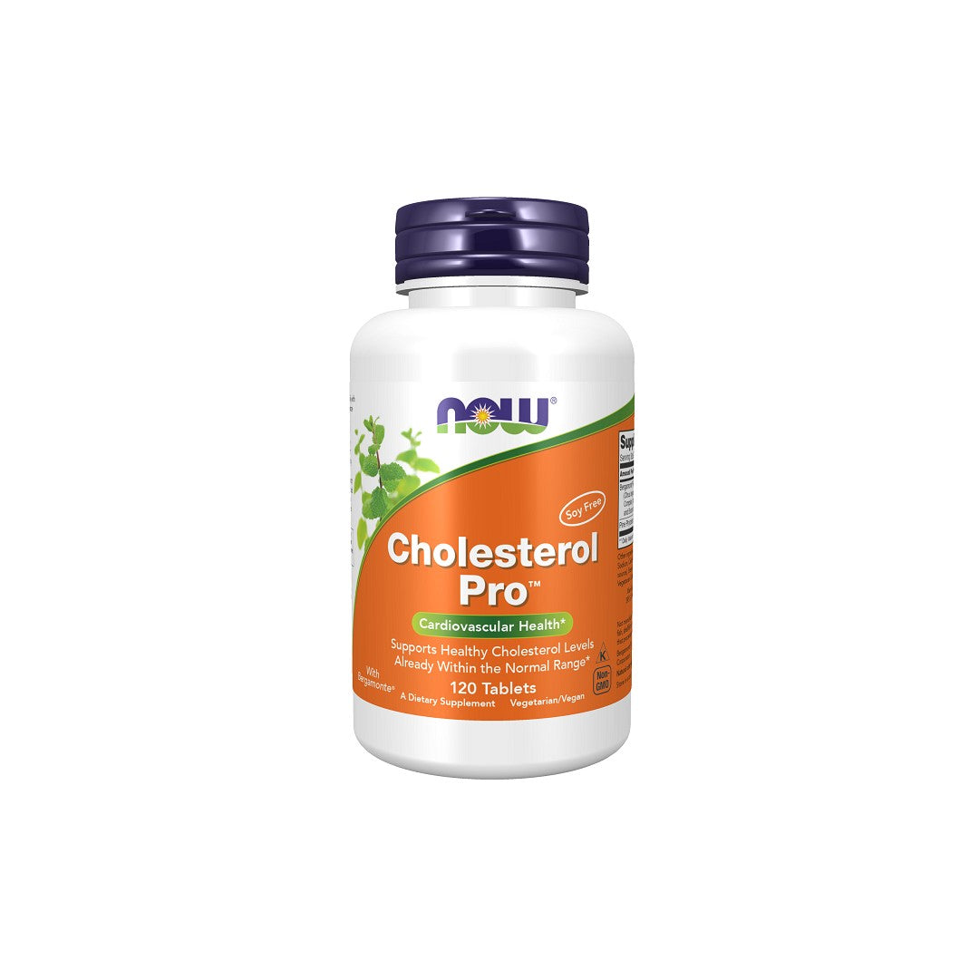 Bottle of Now Foods Cholesterol Pro 120 tablets, labeled to support heart health and healthy cholesterol levels.