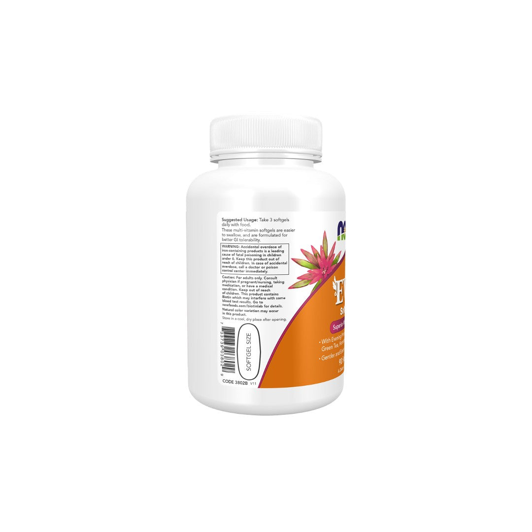 Image of Now Foods Eve Women's Multiple Vitamin 90 Softgels supplement bottle designed for women's health with a white background, featuring a label with a purple flower and nutrition information.