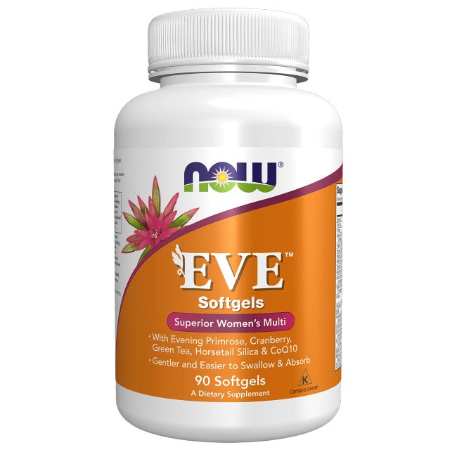 A bottle of Now Foods Eve Women's Multiple Vitamin 90 Softgels, containing evening primrose, cranberry, and other supplements to support women's health.