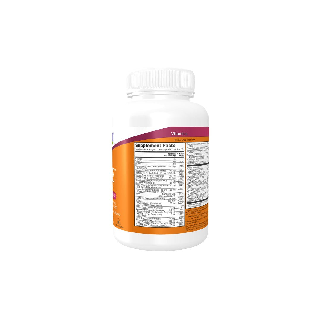 A bottle of Now Foods Eve Women's Multiple Vitamin 90 Softgels with a detailed nutritional label displayed on the side, isolated on a white background.
