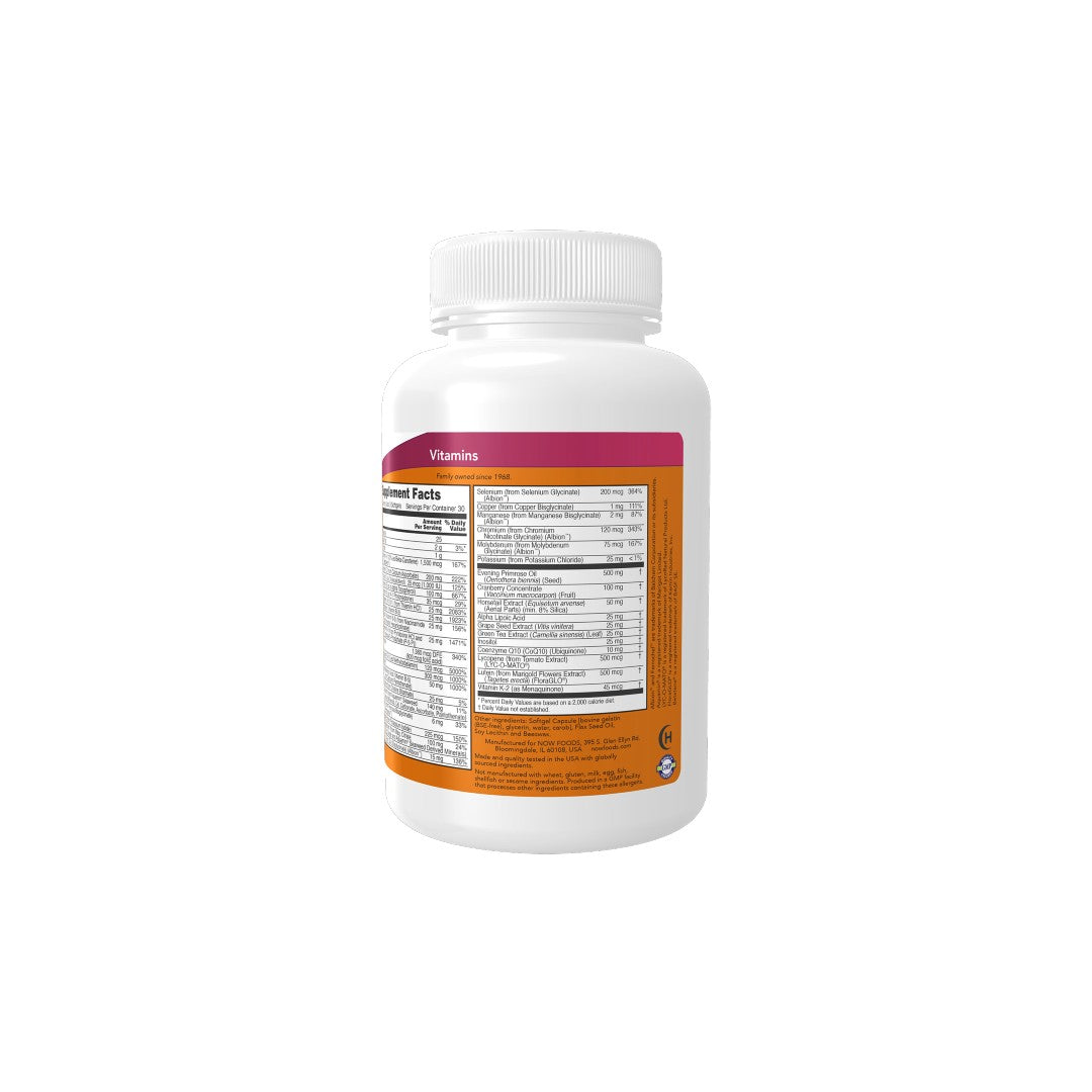 A white Eve Women's Multiple Vitamin 90 Softgels bottle for women's health with a detailed nutritional label on its orange background by Now Foods.